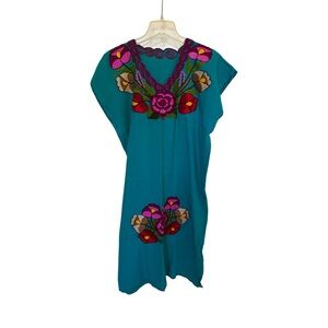 Vintage Embroidered Floral Teal Dress